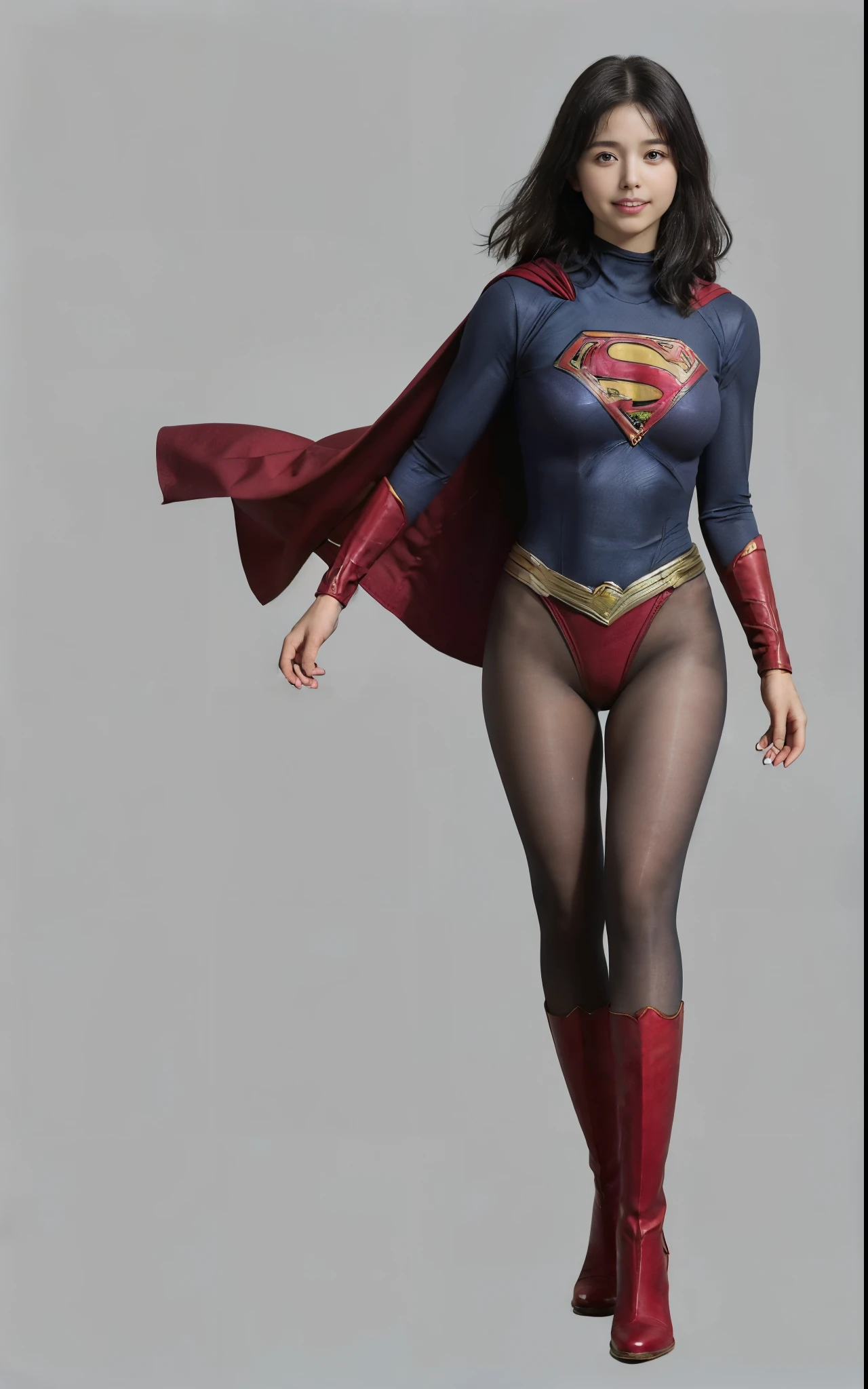 No background、She always has her mouth open、She always has a sad look on her face、Always close your eyes、(((Beautiful legs in black tights.)))、(((Stretch your legs、expensive、Showing a beautiful smile)))、((((Make the most of your original images)))、(((Supergirl Costume)))、(((Beautiful Short Hair)))、(((Suffering face)))、(((Black tights legs、Wear red boots)))、((Best image quality、8k))、((Highest quality、8k、masterpiece:1.3))、(((Preserve background )))、Sharp focus:1.2、Beautiful woman with perfect figure:1.4、Slim Abs:1.2、Wet body:1.5、Highly detailed face and skin texture、8k