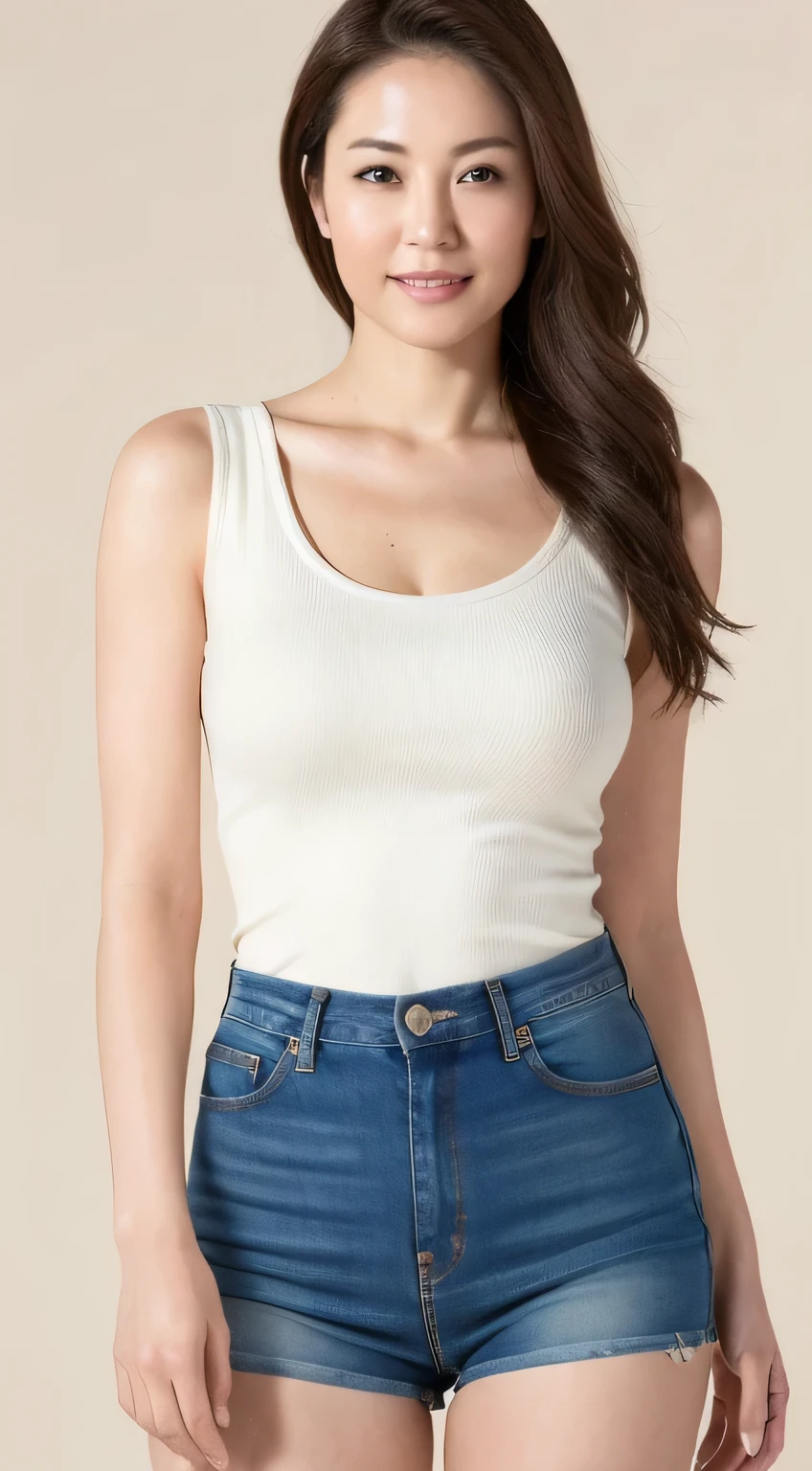 ((Midnight, Highest quality, 8k, masterpiece :1.3)), whole body, Long legs, Sharp focus :1.2, Beautiful woman with perfect figure :1.4, Japanese（40 years old）, Thin thighs :1.1, ((Brown Hair, Long Hair, Big Breasts :1.2)), (Sleeveless shirt, Jeans Shorts, Are standing:1.2), ((White groundless background:1.3)), Highly detailed face and skin texture, Detailed eyes, double eyelid, Sexy pose, smile
