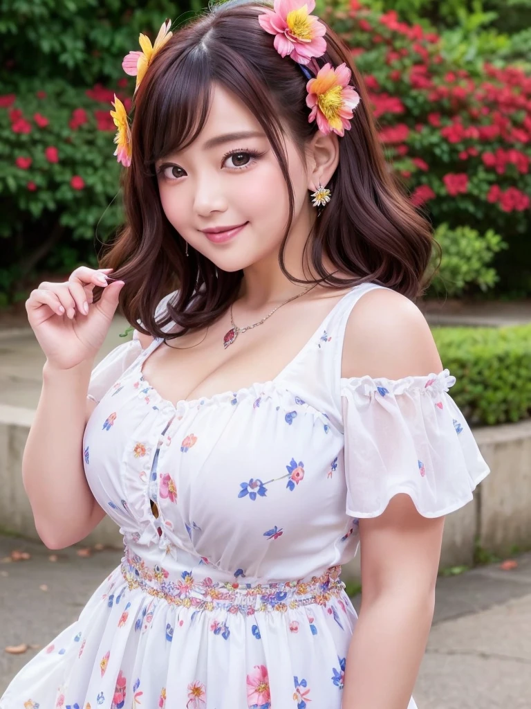A beautiful and hot almost chubby mature woman.who is wearing a patterned short dress and is and standing in the park. A smiling face、Sexy woman、A radiant smile、adorable、race、Frills、Colorful design、Full-length mirror、An inviting gaze、Gorgeous long and beautiful hairstyle、variation Hairstyle、Open neck blouse、Flower Garden、Sparkling、elegant princess、Smooth Hair、An inviting gaze、Charming、Too cute、smile, Hair blowing in the wind, Decorative art, Side Up, ta style headdress,