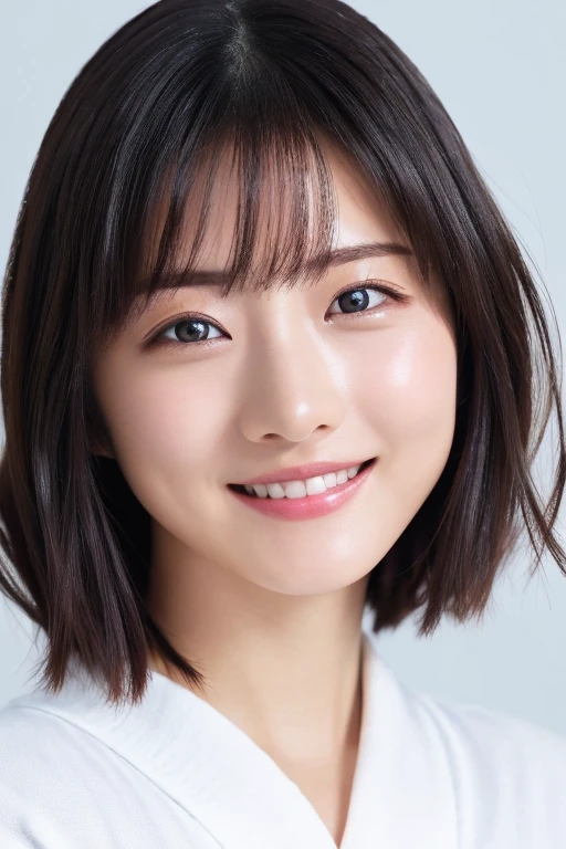 masterpiece, Highest quality, One Woman, (White bathrobe:1.2), 22 years old、(RAW Photos, Highest quality), (reality, Realistic:1.4), Clean look、Iris、very detailed eyes and face, Beautiful and detailed nose, beautiful eyes, Perfect Anatomy, Black short hair, bangs、Crystal skin, A cool smile、Face Focus