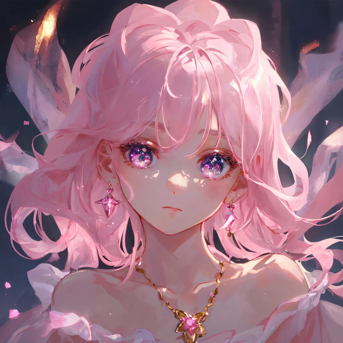 1 girl masterpiece, highest quality, shape, Rose Quartz eyes and hair, Rose Quartz earrings, Rose Quartz necklace, lamp, candle,fire fairy, cute, (dynamic lighting:1.2), cinematic lighting, delicate features, fine eyes, sharp pupils, realistic student, written boundary depth, Bokeh, sharp focus, (very detailed, bloom, shine:1.4), lots of little gems