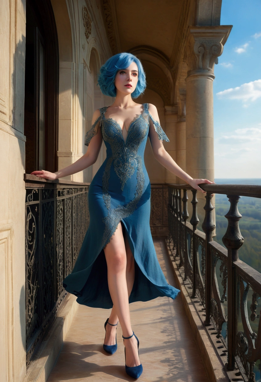 Beautiful witch with blue hair、The line of sight is sharp、Intellectual、Tight dress and high heels、Standing on a balcony in a European castle、Supernatural Light、oil
