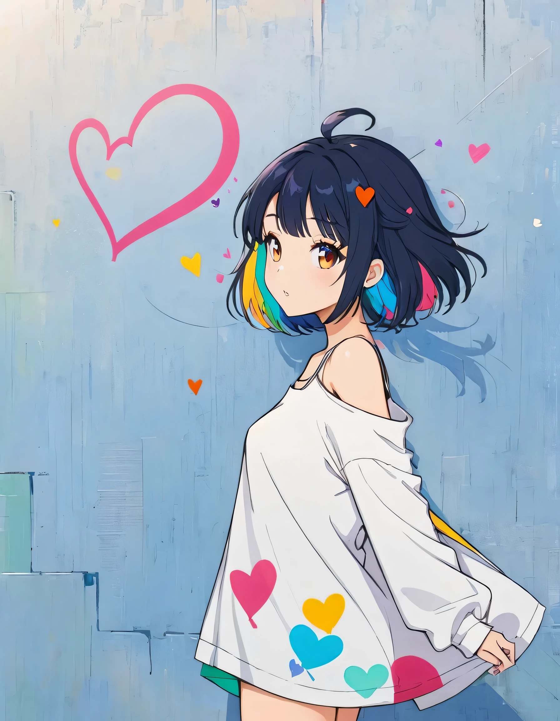 Mai Yoneyama style, Simple Line Initialism，Abstract art，Urban Background, colorful hearts ,(((The most beautiful girl of all time))),