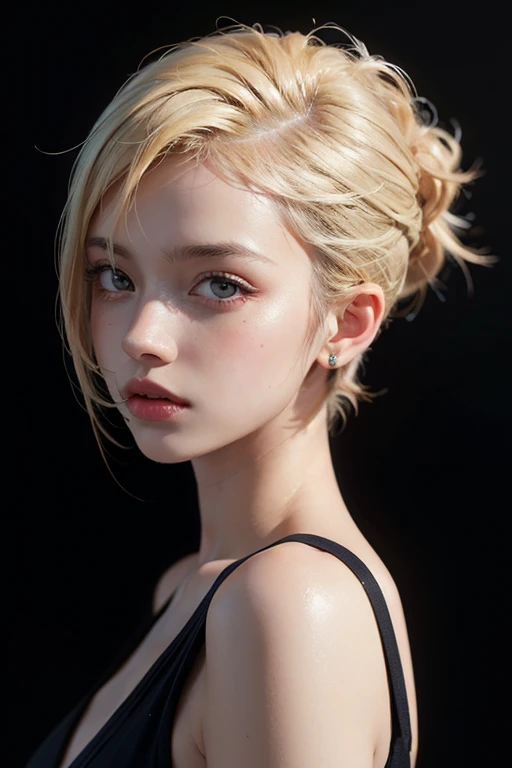 a 20 yo woman, blonde, (hi-top fade:1.3), dark theme, soothing tones, muted colors, high contrast, (natural skin texture, hyperrealism, soft light, sharp)