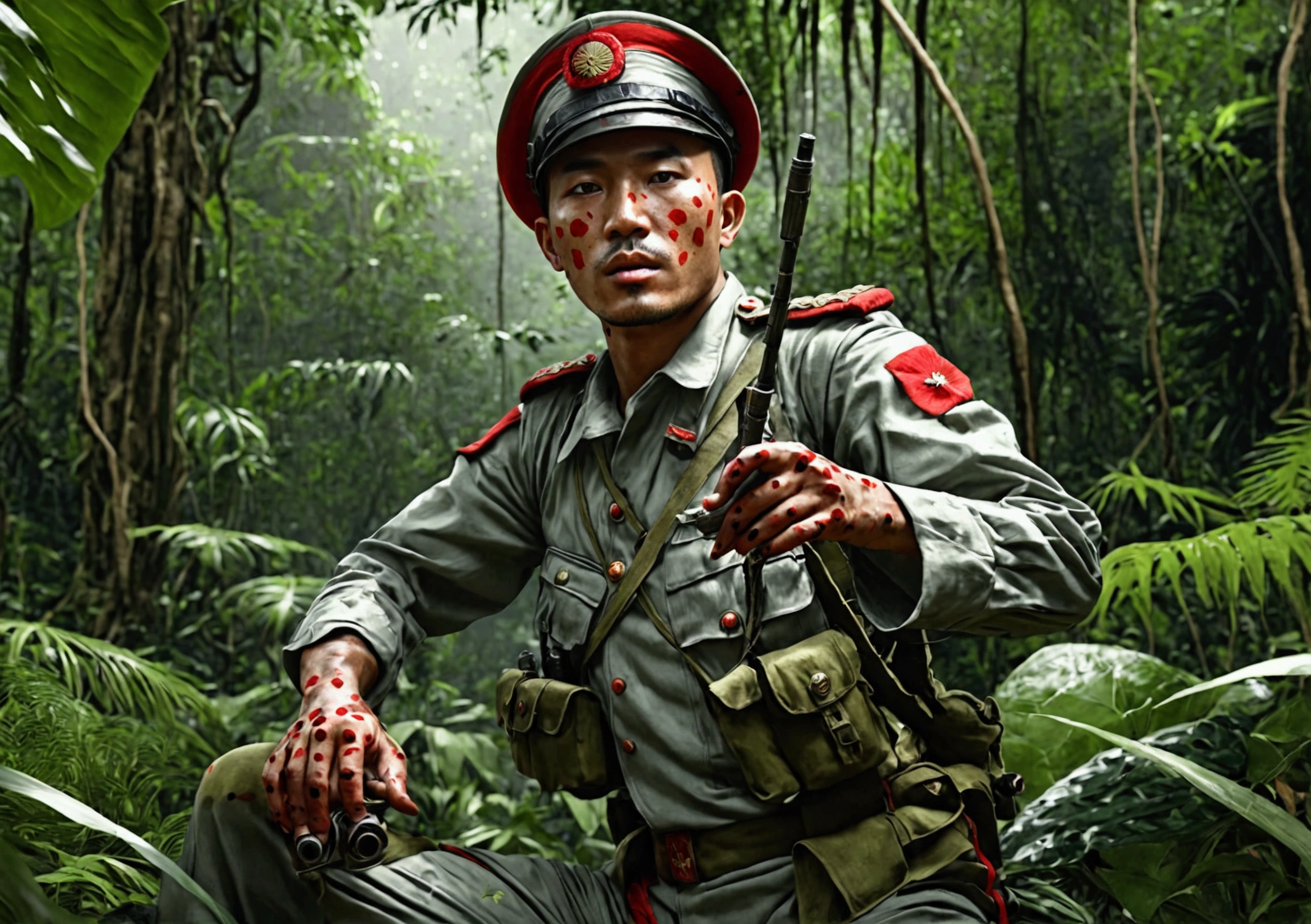 oriental soldier in the middle of the jungle, taking shots in his body, uniform with red spots,ultrarealistic, highly detailed, 4k