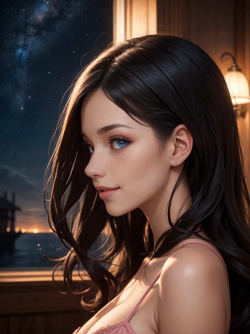 ((Side view)) (8k, best quality, a masterpiece:)) A mysterious picture of a woman named Marina, a Russian with smooth skin, bright blue eyes, long and captivating natural black hair. She has a stunning beauty, a high nose, pink lips, a bright smile, and a large bust, the scene under the silent sky