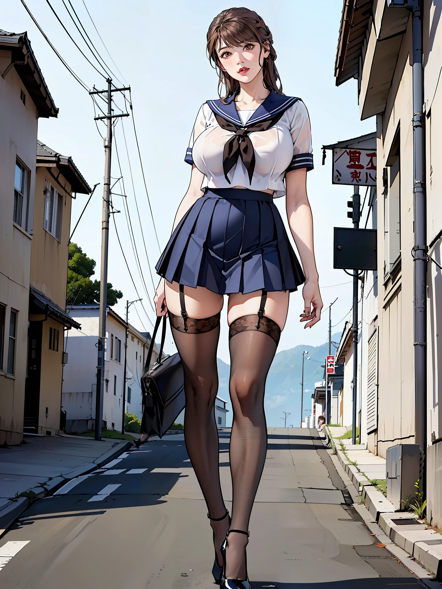 (masterpiece, Highest quality:1.2), One Girl, alone, whole body, Big Breasts,, Brown Hair,Big Breasts, Brown eyes, Mature Woman, blush, , she is standing on the street,whole body, Brown Hair, lipstick, ランダムなカラーのSailor suit、((High quality fabric, Sailor suit, Navy Pleated Skirt)), ((Short length)), zettai ryouiki, Exposing your thighs, White skin, (Black garter stockings), ((Wear black high heels)),, (Show me your skirt flipping up:1.2), (I like showing my crotch to the audience......, ), pubic hair,