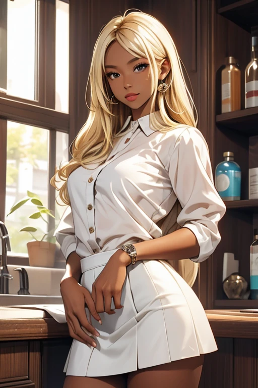 Highest quality、masterpiece、High sensitivity、High resolution、Detailed Description、Dark skinned woman、Slender women、Blonde skinhead、White mini skirt、