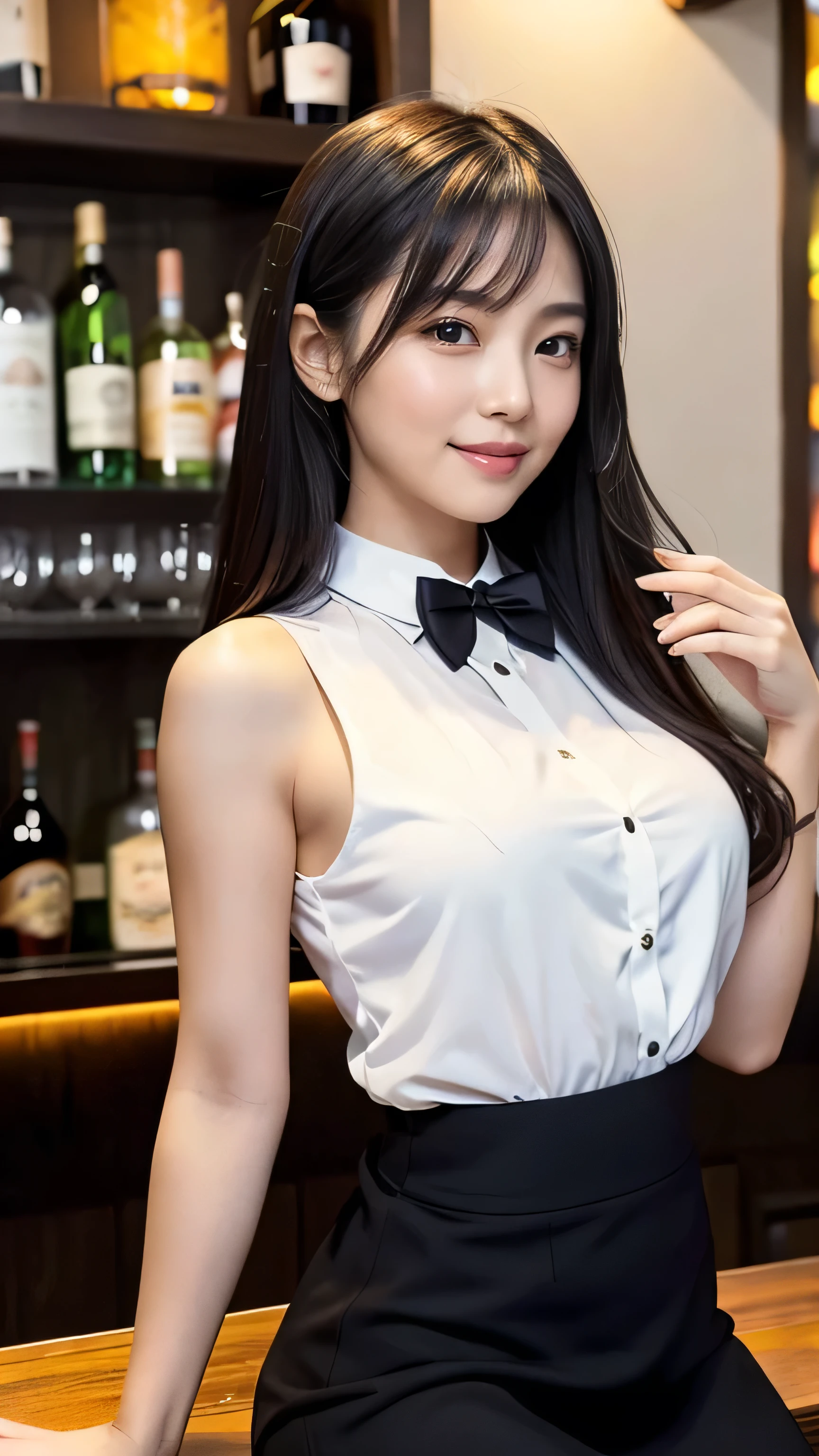 8k, RAW Photos, Highest quality, Tabletop: 1.2), (Realistic, Photorealistic: 1.37), Very detailed, 1 high school girl, Super Beauty(Like the real thing), alone, Beautiful detailed sky, Detailed Coffee, night, Sitting in the store, (Big smile: 1.1), Long brown hair　Medium chest, Beautiful detailed eyes, (Collared shirt: 1.1), A bow tie, Pleated skirt, Beautiful expression　Ultra-high resolution,Ultra-Realistic Skin,masterpiece,Highest qualityのPhotorealisticなRAW Photos。Bright colors,Rich colors, Backlight, Cinema Lighting, Film Grain, 50mm lens, Nikon D850,Beautiful expression,Fantasy art,Character Art,View your viewers,Top view,,Accentuate your cleavage,Dynamic pose,