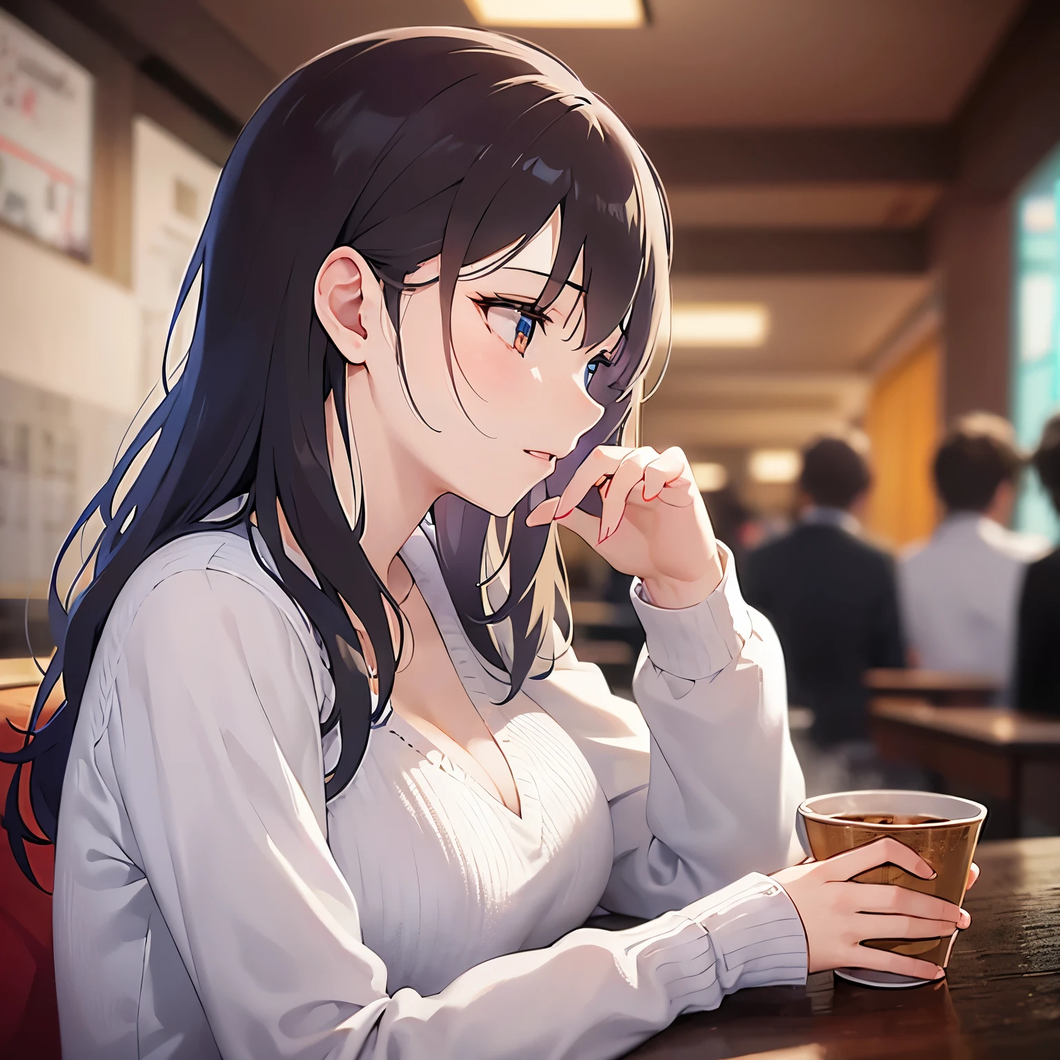 (looking away:1.5),Upper Body,profile、Side shot、cheek rest、
Realistic, real person, (pale skin: 1.2), RAW photo, photorealistic, shiny skin, shiny hair、
(A 25-year-old woman with medium-length hair and bangs) and (wavy hair) and (brown hair) and (orange eyes) 、
downcast, Wearing a white V-neck long sleeve 、The background is the interior of a restaurant at night.