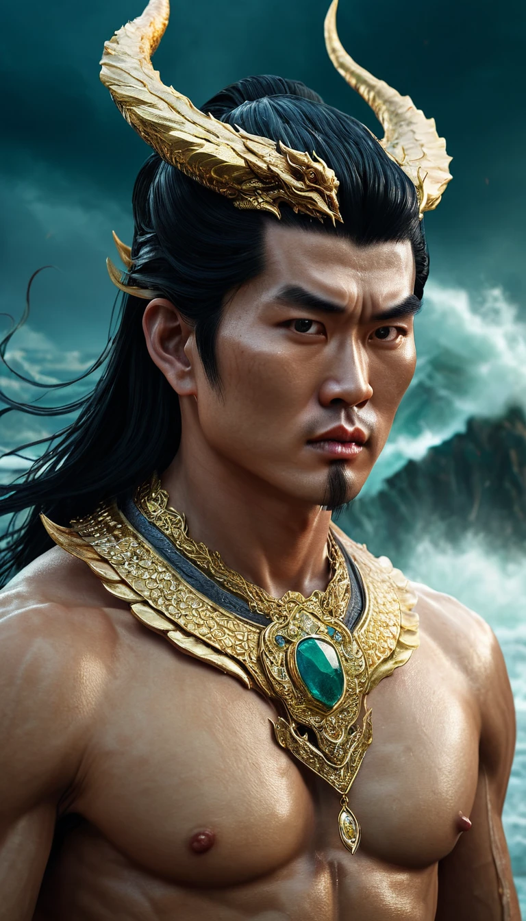 Extremely detailed close-up portrait, modeled after the legend of the Vietnamese god Lac Long Quan, taken from the waist up. The face of the god is a combination of modern handsomeness, combining the highlights of Thai, Korean and Hong Kong movie stars. A handsome face with strong features, sharp eyes shining with supernatural power, seeing through the human heart. Long, flowing black hair with interwoven shimmering scales. Majestic dragon horns protrude from the forehead, curved and shiny. Muscles rippling with supernatural power, skin with a texture like delicate dragon scales. Wearing an exquisite gold necklace decorated with gemstones that glow with an inner light. In his hand, he holds an ancient, unusual weapon - perhaps a trident or a sword - radiating mystical, mythical energy. The God Lac Long Quan stands tall and majestic, a colossal figure of divine presence and supreme power of the Vietnamese people. His posture exudes power and confidence, dominating the frame, dominating the dark, chaotic world. Behind him, a stormy seascape with huge waves crashing violently, the sky is dark and ominous, filled with swirling storm clouds and lightning. The entire scene conveys a sense of his epic scale and divine power. Rendered in a surreal digital art style with dramatic lighting to enhance the intense atmosphere and highlight Lac Long Quan's divine appearance. The image emphasizes the contrast between the calm, powerful demeanor of the god Lac Long Quan and the chaos of the elements around him that have been conquered and subdued.