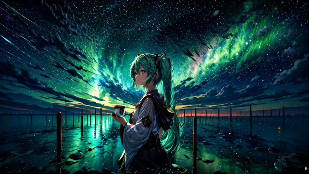 Hatsune Miku character upscaled.I have a coffee cup in my hand, Look up at the starry sky. Surround her with colorful nebulae and her favorite constellations.