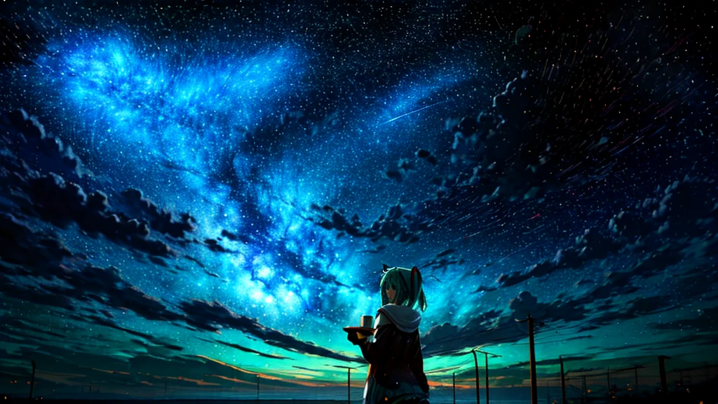 Hatsune Miku character upscaled.I have a coffee cup in my hand, Look up at the starry sky. Surround her with colorful nebulae and her favorite constellations.