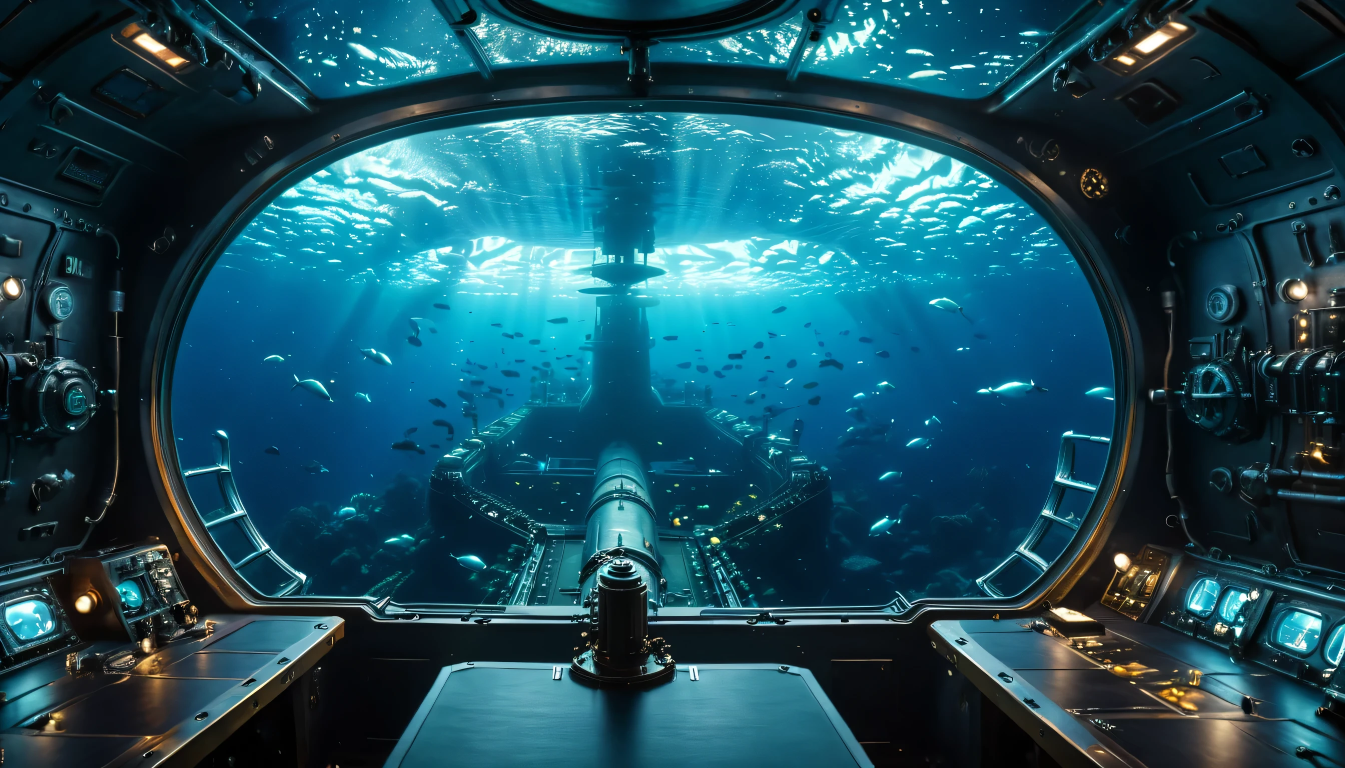 wonderful (bioluminescent) View from the submarine window, Long Room, Underwater, Highly detailed and exquisite, Hypermaximalist, elegant, Event horizon, Depth mapping, ultra-realistic, Very detailed , vip, Brilliant, dynamic, pronounce, (3D Matrix), 8k, (Ultra-high resolution), amazing, (Dream Spreading Secrets Professional Prompts), Ultra-high resolution, (masterpiece, Highest quality, Professional, Perfect composition, so beautiful, absurdes, Very detailed, Intricate details:1.3)