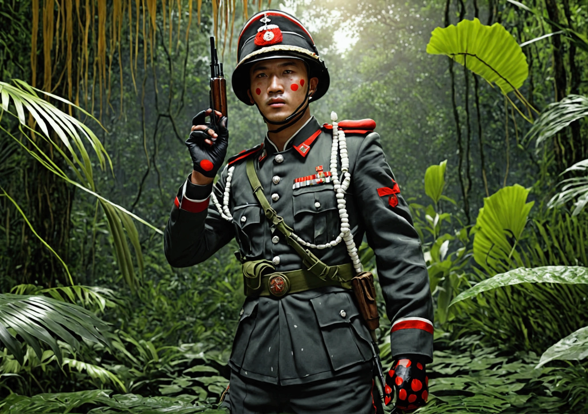 oriental soldier in the middle of the jungle, taking shots in his body, uniform with red spots,ultrarealistic, highly detailed, 4k