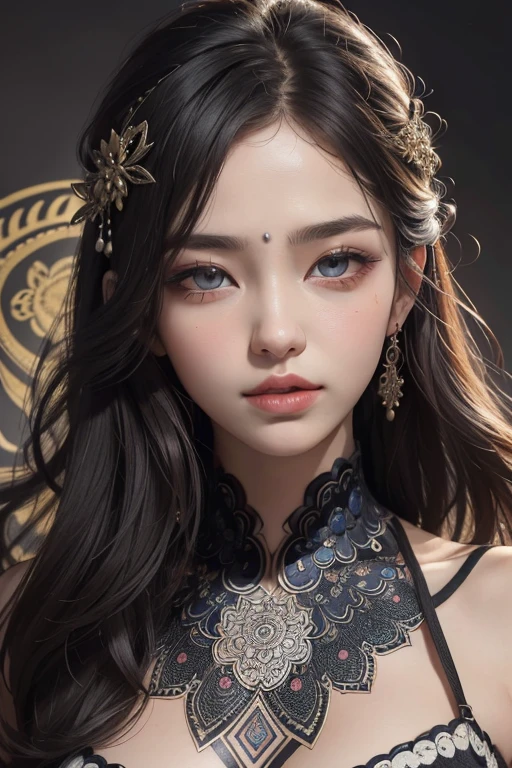 official art, Wallpaper, ultra-detail, (((extremely detailed eyes and face))), close mouth, masterpiece, best quality, photorealistic portrait, (Zentangle, Mandala, tangle, Entangle), Intricate clothing, Very detail, dynamic angle, most beautiful form of chaos, Elegant, a brutalist designed, vibrant colours, Romantic Zhongfeng Hua