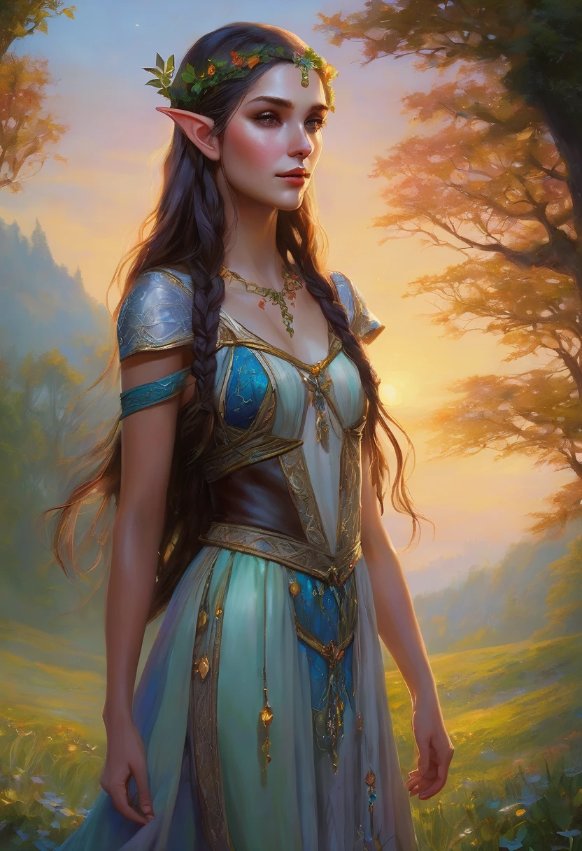 A graceful elf girl stood in the meadow, her delicate face illuminated by the soft light of the setting sun. Her long, flowing hair cascaded down her back, decorated with intricate braids and decorated with sparkling jewels. This stunning painting captures the ethereal beauty of the elves. Her slim figure was only covered by a few leaves. The artist's attention to detail is evident in the details of the body and the subtle highlights of the gaze. leather details. This stunning depiction of an elf girl exudes a sense of enchantment and transports the viewer into a magical world.