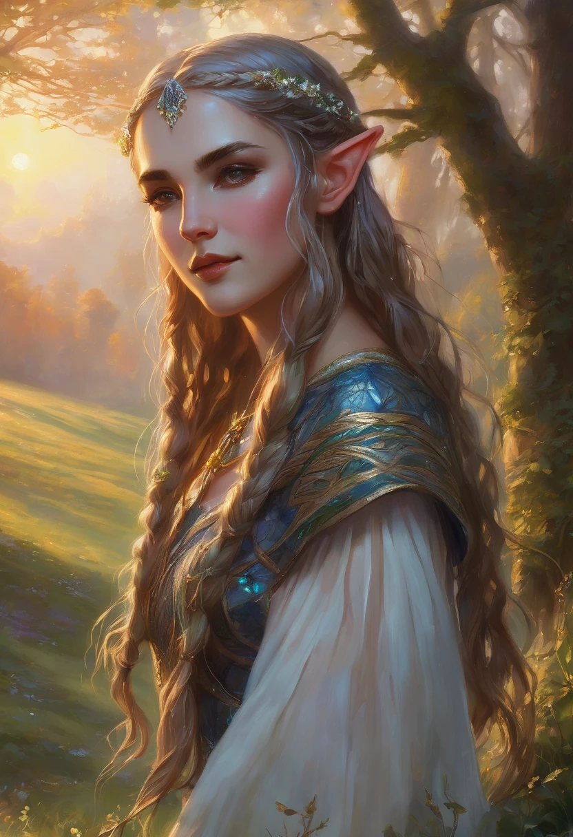 A graceful elf girl stood in the meadow, her delicate face illuminated by the soft light of the setting sun. Her long, flowing hair cascaded down her back, decorated with intricate braids and decorated with sparkling jewels. This stunning painting captures the ethereal beauty of the elves. Her slim figure was only covered by a few leaves. The artist's attention to detail is evident in the details of the body and the subtle highlights of the gaze. leather details. This stunning depiction of an elf girl exudes a sense of enchantment and transports the viewer into a magical world.