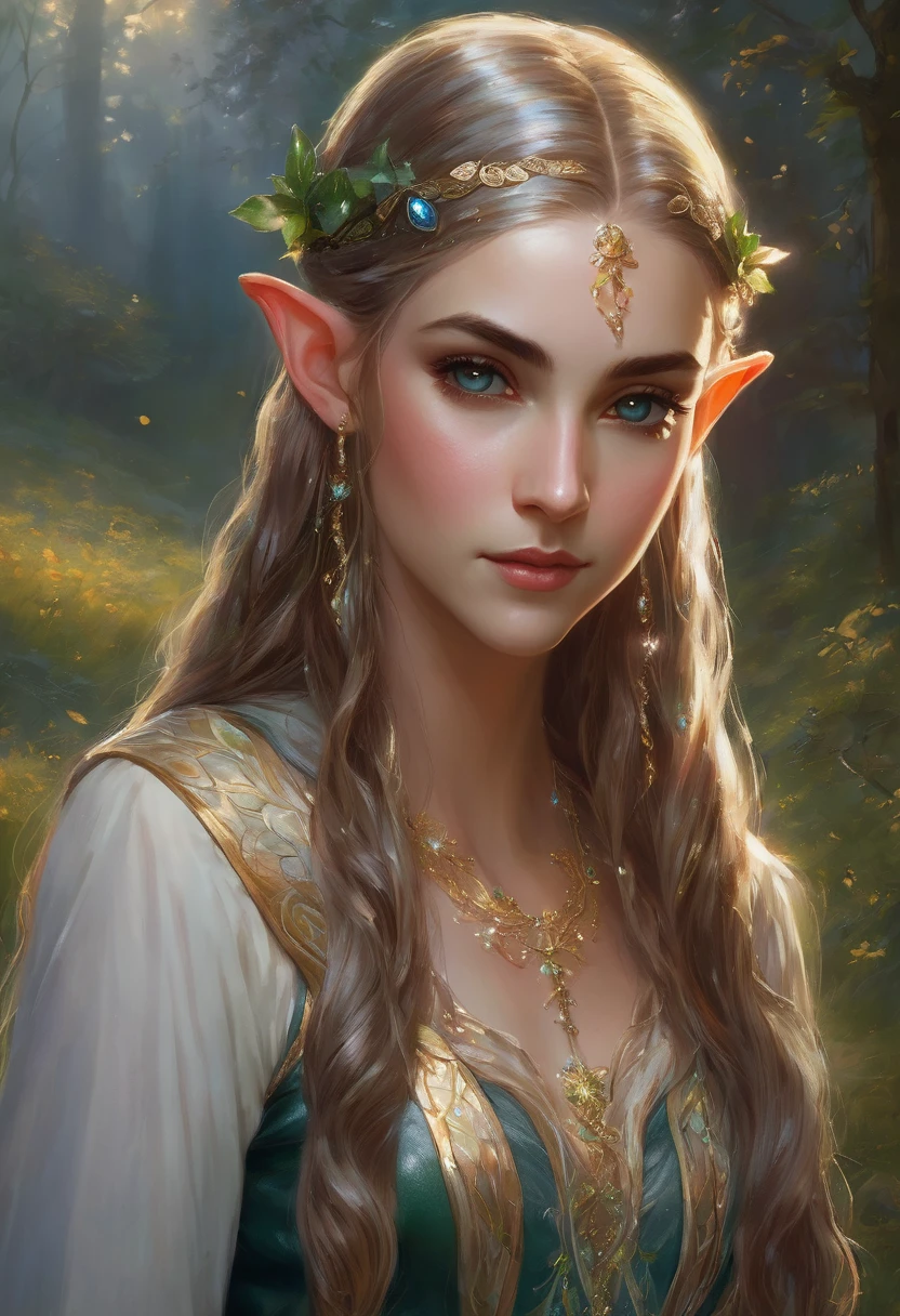 A graceful elf girl stood in the meadow, her delicate face illuminated by the soft light of the setting sun. Her long, flowing hair cascaded down her back, decorated with intricate braids and decorated with sparkling jewels. This stunning painting captures the ethereal beauty of the elves. Her slim figure was only covered by a few leaves. The artist's attention to detail is evident in the details of the body and the subtle highlights of the gaze. leather details. This stunning depiction of an elf girl exudes a sense of enchantment and transports the viewer into a magical world.