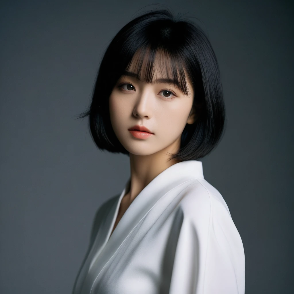 8k, Ultra-high resolution, Highest quality, masterpiece, 三分割法によるphotograph,Surreal, photograph, 1 Girl, (:1.3), pretty girl, Cute Face, Beautiful eyes in every detail, 細かくdetailedに,masterpiece,One Girl:1.2,Japanese female officer,Superior non-commissioned officer,extream close up,Serious expression,Black short hair,Bob with bangs, (The finest ceremonial attire:1.3),Pencil Skirt,Sharp contours,Looking down,Gray background, Light from above, Low contrast, (Side view),Perfect and beautiful face ,完璧でCute Face, Skin with attention to detail, Perfect limbs、Narrow waist,Looking at the audience,(((Ideal body type))),A cup small breasts :2,Portraiture:2,Perfect Anatomy,鮮明なdetailed,detailed,Surreal,Light and shadow,glowing