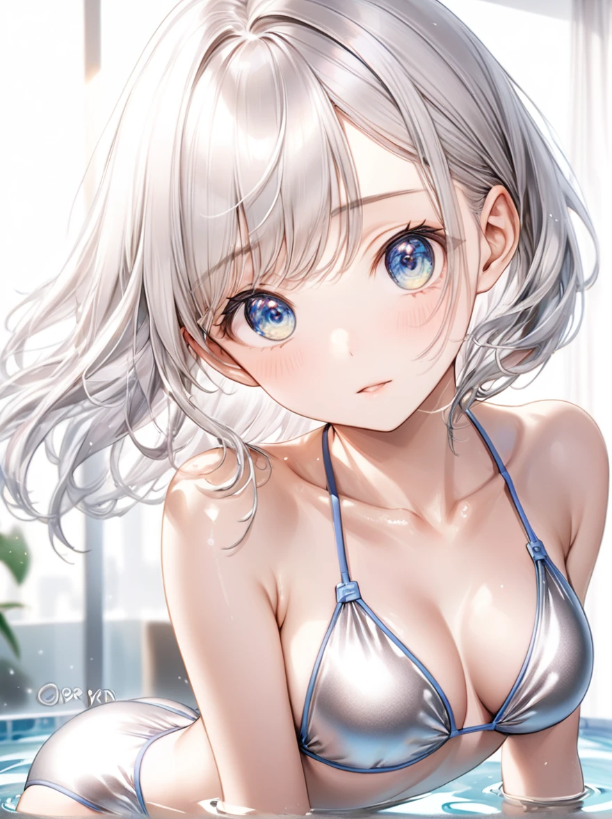 (Highest quality, 8k, 32K, masterpiece, Ultra-high resolution,:1.2),born, One girl,Super cute , Natural light,Clear, shining eyes, 20-year-old ,Fair skin, Silver hair, Bold Swimsuit, Silver swimsuit