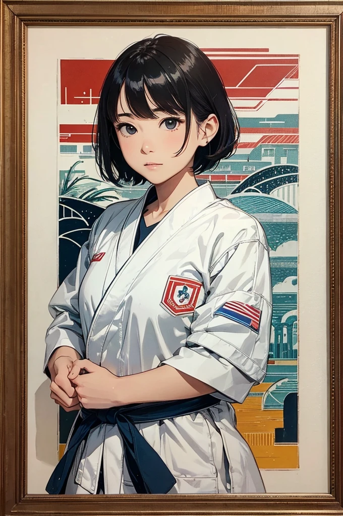 (masterpiece, best quality),
woodblock print collage depicting,A girl standing in front of many photos,white judo uniform,shortcut hair,Judo representative from Japan,detailed face,surrounded by various olympic and judo photos,pari olympic,colorful, collage art, contemporary artistic collage,