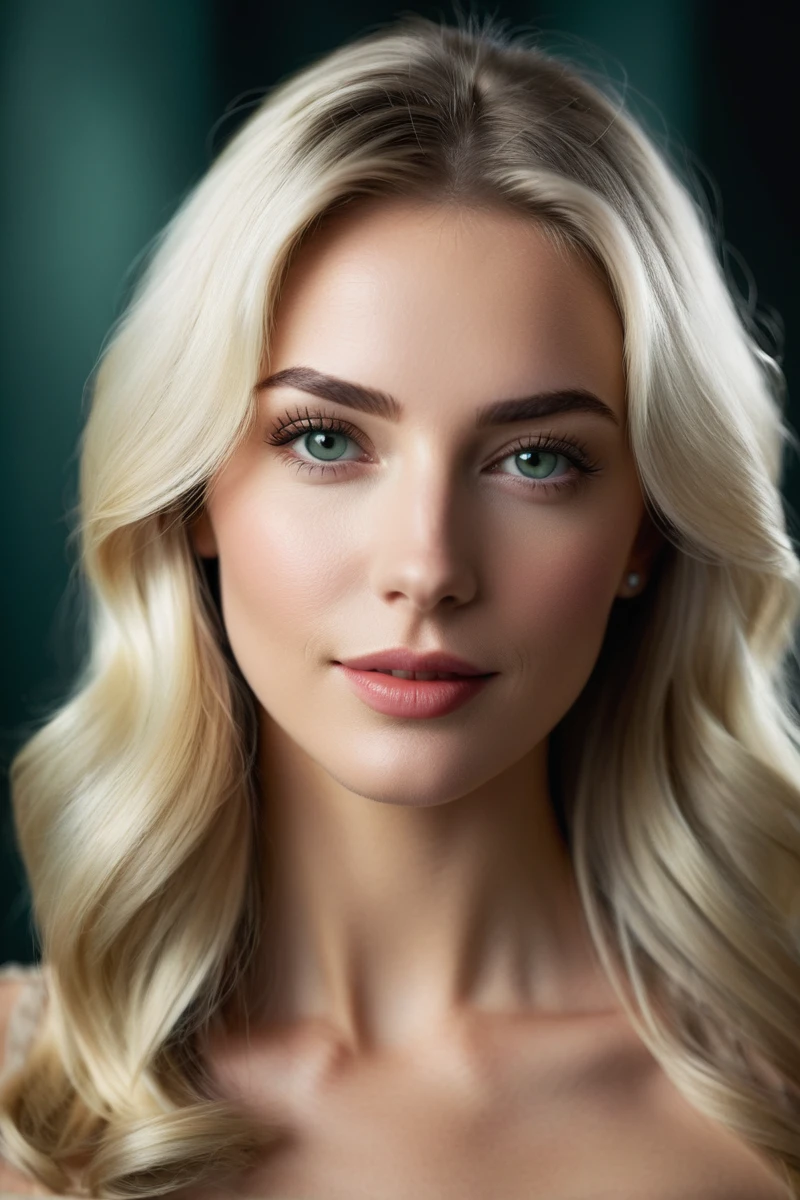 Create a realistic photo of a beautiful 34-year-old European woman profil to the camera. She has a noticeable and magnetic presence. Her eyes should be a captivating dark deep green, with a strong jawline. Her lips should be sensual, with a natural, subtle pout that adds to her allure. .Eyes should have a captivating sparkle, with a hint of mystery and allure. Her eyebrows are finely arched. Her hair is long, strong white-white blond with a pearly sheen, and extra long wavy. The portrait should capture a detailed face, with finely detailed skin and a pale complexion. She has a light, amused smile with hair slightly over her eyes.

Closeup portrait with surreal and amazing quality, a masterpiece with the best quality. The composition should be cinematic, with soft shadows, atmospheric haze, film grain, and a shallow depth of field. The photo should have a moody, epic, and highly detailed feel, resembling a high-budget cinemascope still from the 2000s. The image should be photorealistic, candid, and color graded with cinematic and atmospheric lighting, showing imperfections and a natural look.