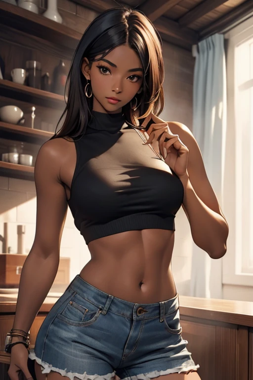 Highest quality、masterpiece、High sensitivity、High resolution、Detailed Description、Dark skinned woman、Slender women、Skinhead、hot pants、