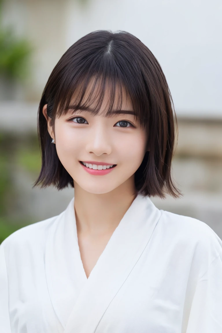 masterpiece, Highest quality, One Woman, (White bathrobe:1.2), 22 years old、(RAW Photos, Highest quality), (reality, Realistic:1.4), Clean look、Iris、very detailed eyes and face, Beautiful and detailed nose, beautiful eyes, Perfect Anatomy, Black short hair, bangs、Crystal skin, A cool smile、Face Focus