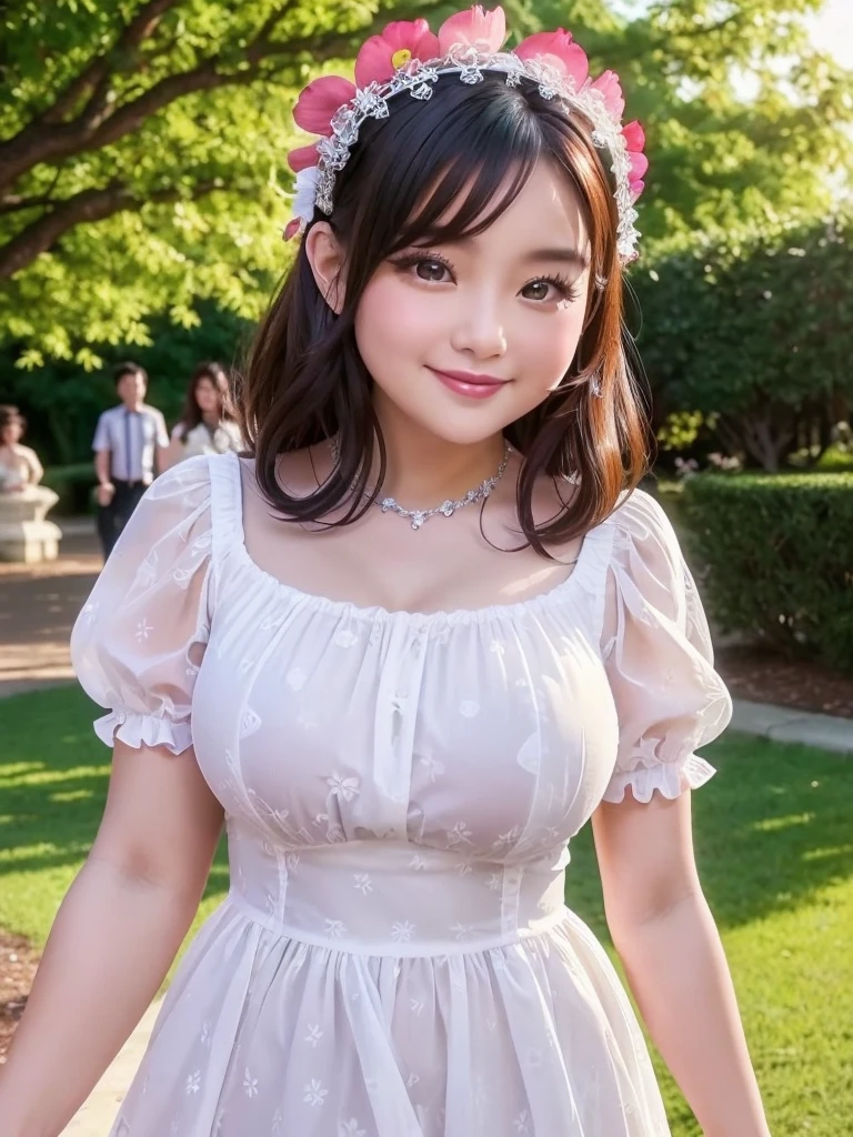 A beautiful and hot almost chubby mature woman.who is wearing a patterned short dress and is and standing in the park. A smiling face、Sexy woman、A radiant smile、adorable、race、Frills、Colorful design、Full-length mirror、An inviting gaze、Gorgeous long and beautiful hairstyle、variation Hairstyle、Open neck blouse、Flower Garden、Sparkling、elegant princess、Smooth Hair、An inviting gaze、Charming、Too cute、smile, Hair blowing in the wind, Decorative art, Side Up, Lolita style headdress, Adult women、Chic Fashion、Gothic Lolita