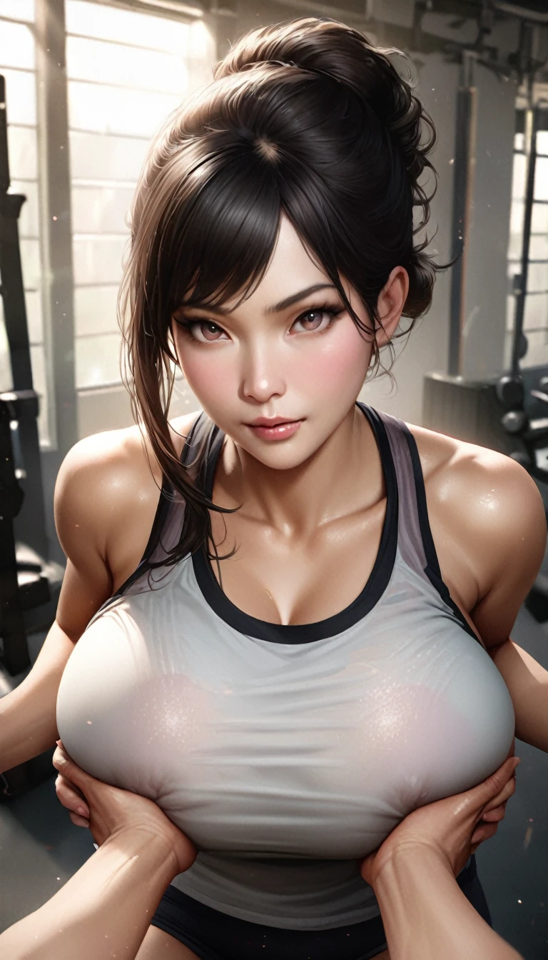 realistic,black hair,tied hair,huge breasts,(pov breast grab),beautiful face,look at viewer,tank top shirt,japanese,at personal gym