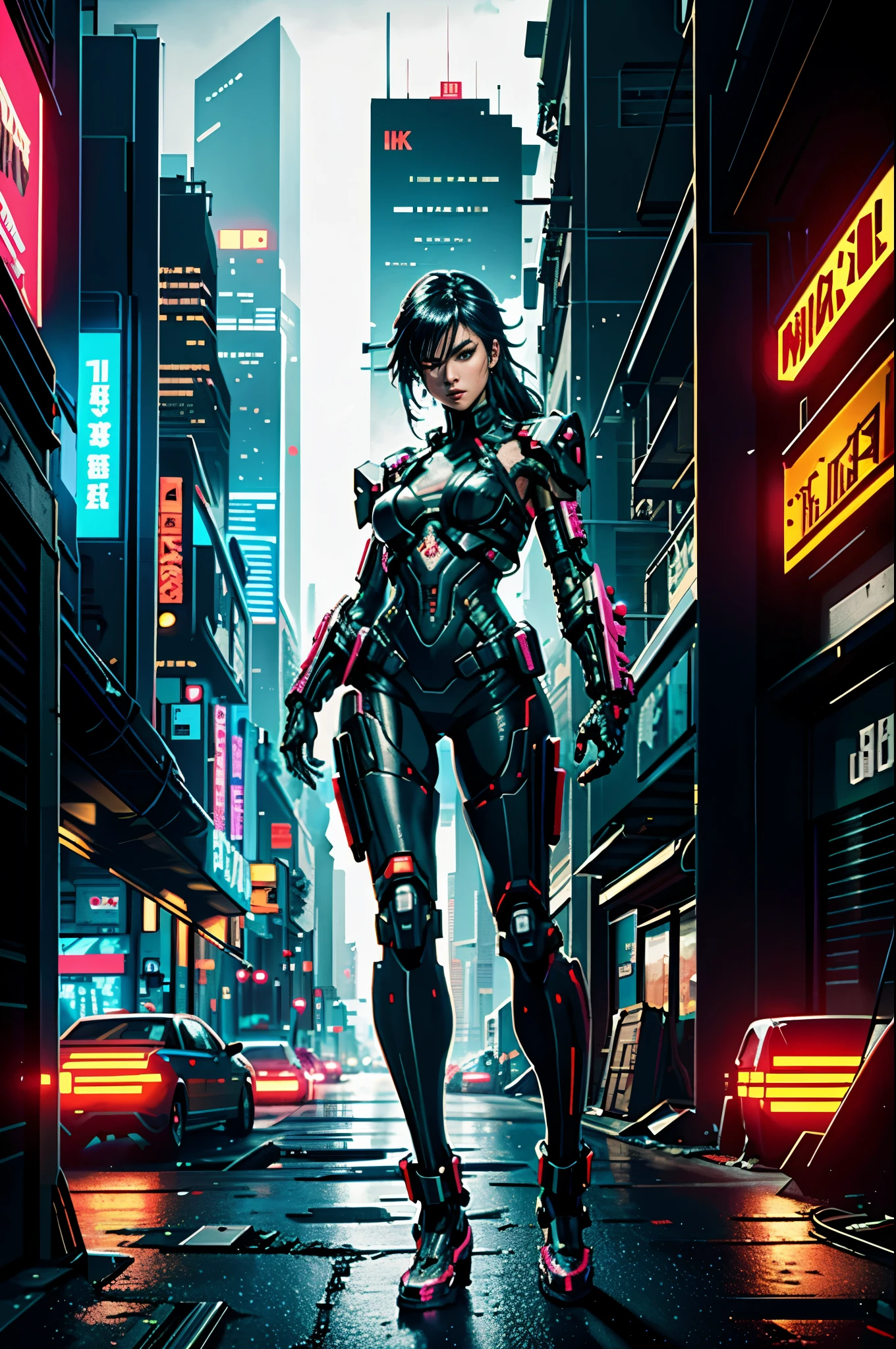 (cyberpunk, 4k) In a dystopian metropolis, a cyborg ninja makes her way through the shadows of neon skyscrapers, photographed with a Fujifilm GFX 100S.
