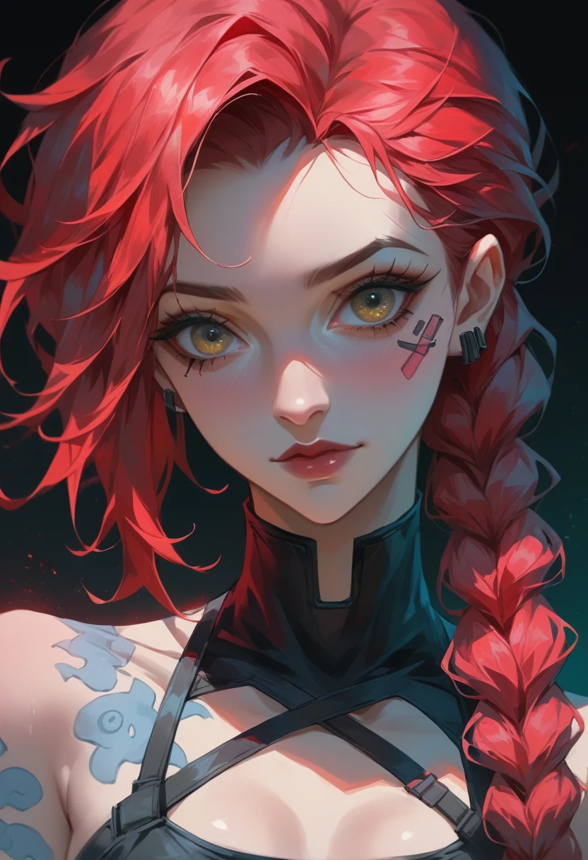 super sexy jinx fênix power sensual arcane big tits, appealing with be neon yellow neon red hair woman ((vestido pink alcinha fina em V)) a darck light, digital arma cromada em mãos cyberpunk - anime art, digital cyberpunk anime art, anime cyberpunk art, jinx from league of legends, portrait of jinx from arcane, samira from league of legends, jinx from arcane, cyberpunk anime art, portrait knights of zodiac girl, anime styled digital art, cyberpunk anime girl