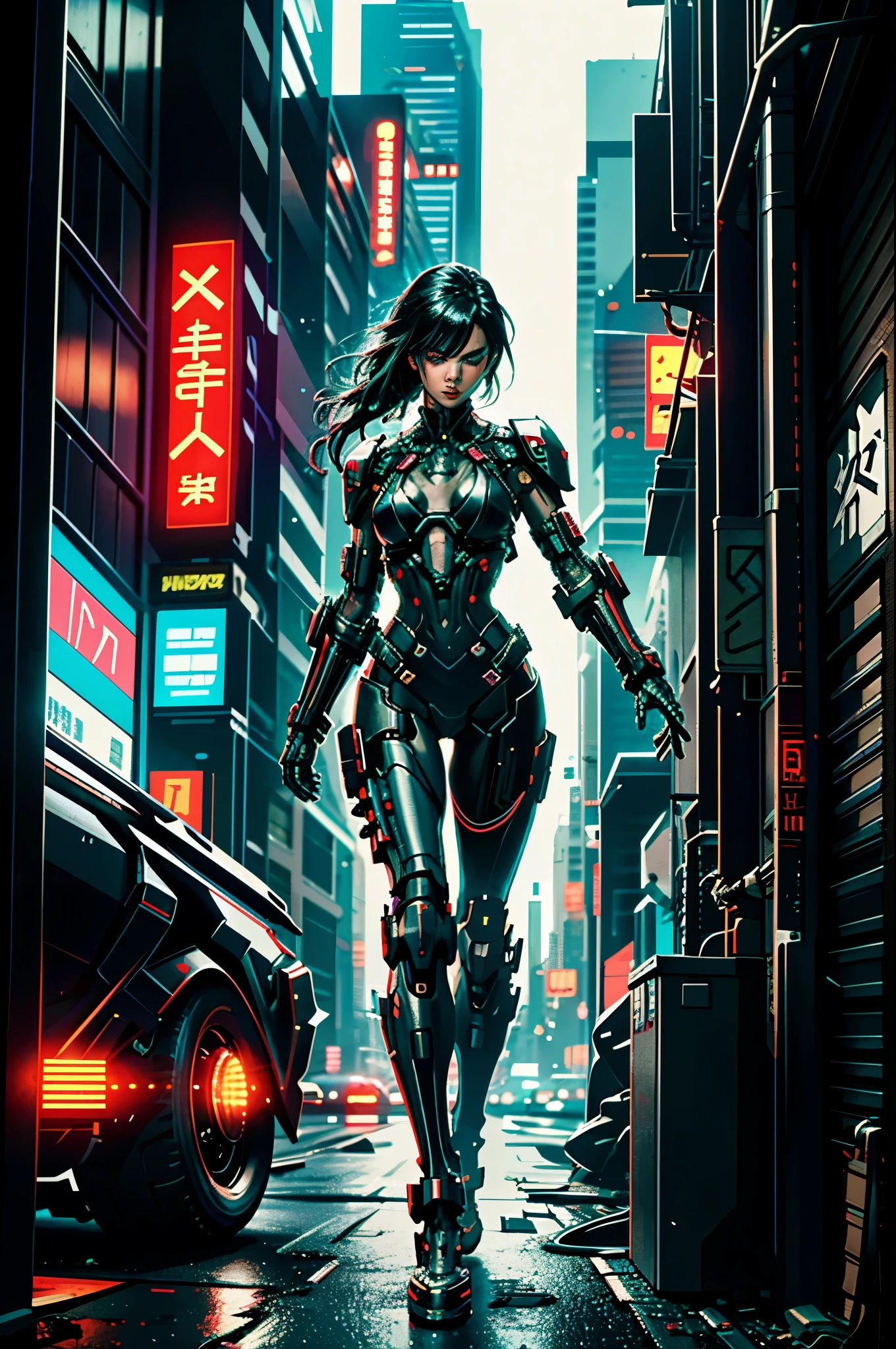 (cyberpunk, 4k) In a dystopian metropolis, a cyborg ninja makes her way through the shadows of neon skyscrapers, photographed with a Fujifilm GFX 100S.