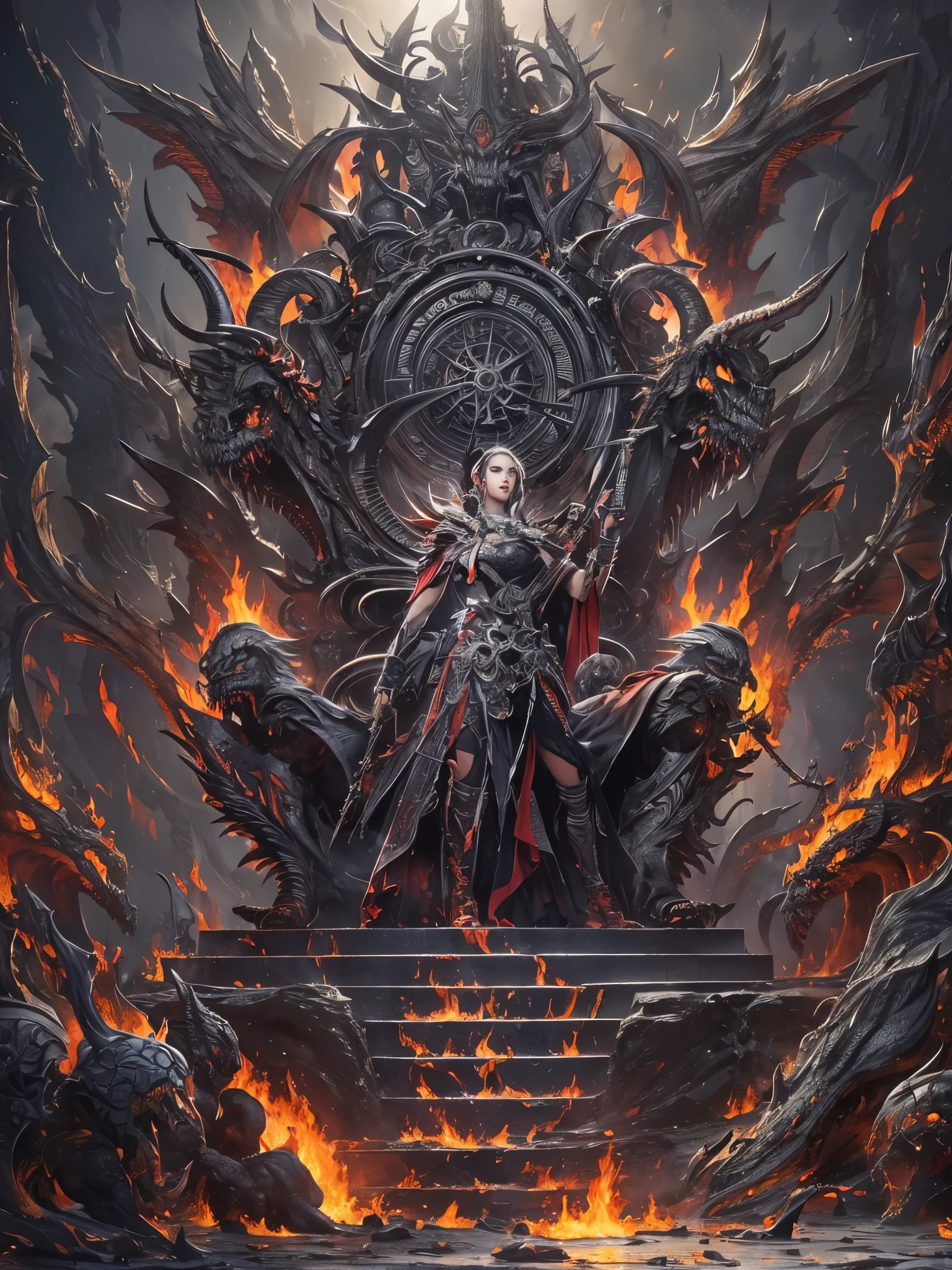 ((Highest quality)),(Ultra-high resolution),(Super detailed),(Detailed Description),((The best CG)),(masterpiece),Highly detailed art,(Art with precise detail:1.5), (Hellish:1.6), jailer:1.4, Detailed carving:1.3, Luxury stone chair:1.3