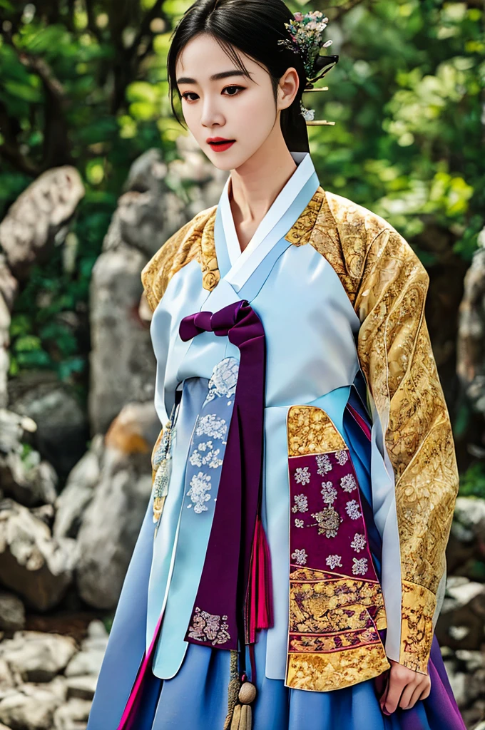 a korean actress starring in a fantasy television drama, film still, shot on a sony alexa, hanbok, edgEF, wearing edgEF eastern clothing, dangui, detailed face, detailed eyes,  intricate details, film grain, skin details, high detailed skin texture, 4k, sharp focus, masterpiece, award winning photo, analog style photo, film grain, Full shout