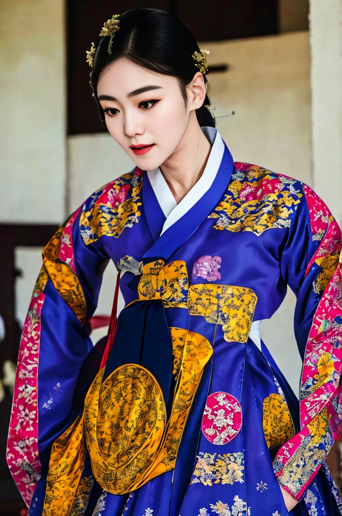 a korean actress starring in a fantasy television drama, film still, shot on a sony alexa, hanbok, edgEF, wearing edgEF eastern clothing, dangui, detailed face, detailed eyes, intricate details, film grain, skin details, high detailed skin texture, 4k, sharp focus, masterpiece, award winning photo, analog style photo, film grain, Full shout