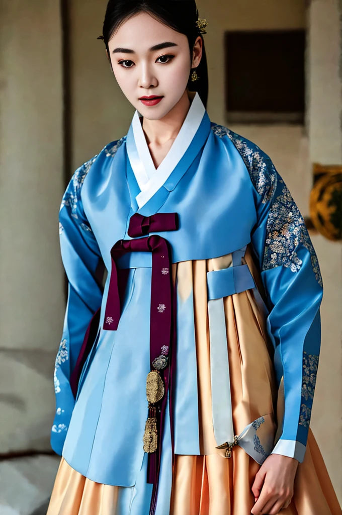 a korean actress starring in a fantasy television drama, film still, shot on a sony alexa, hanbok, edgEF, wearing edgEF eastern clothing, dangui, detailed face, detailed eyes,  intricate details, film grain, skin details, high detailed skin texture, 4k, sharp focus, masterpiece, award winning photo, analog style photo, film grain, Full shout