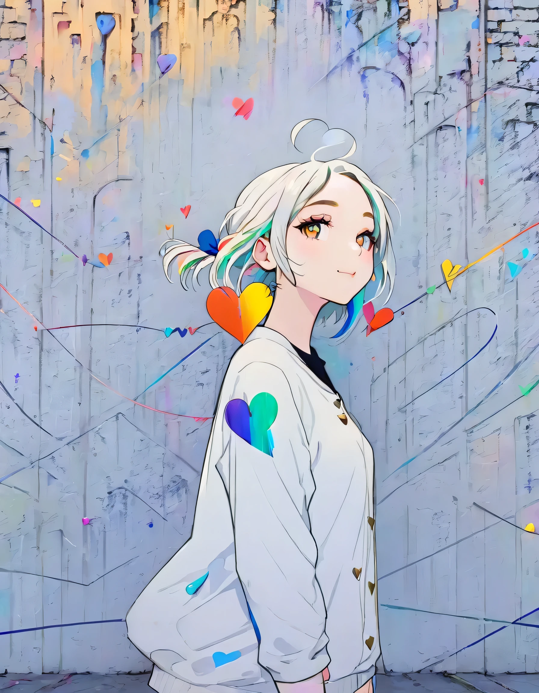 Mika Pikazo style, Simple Line Initialism，Abstract art，Urban Background, colorful hearts ,(((The most beautiful girl of all time))),