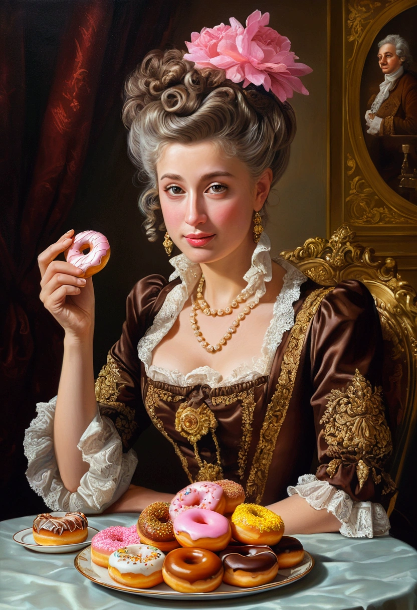 (Eating Donuts), rococo style portrait oil painting with elegant and ornate details, sweet and chocolate color, full body, award-winning, cinematic still, emotional, vignette, dynamic, vivid, (masterpiece, best quality, photorealistic, Professional, perfect composition, very aesthetic, absurdres, ultra-detailed, intricate details:1.3)