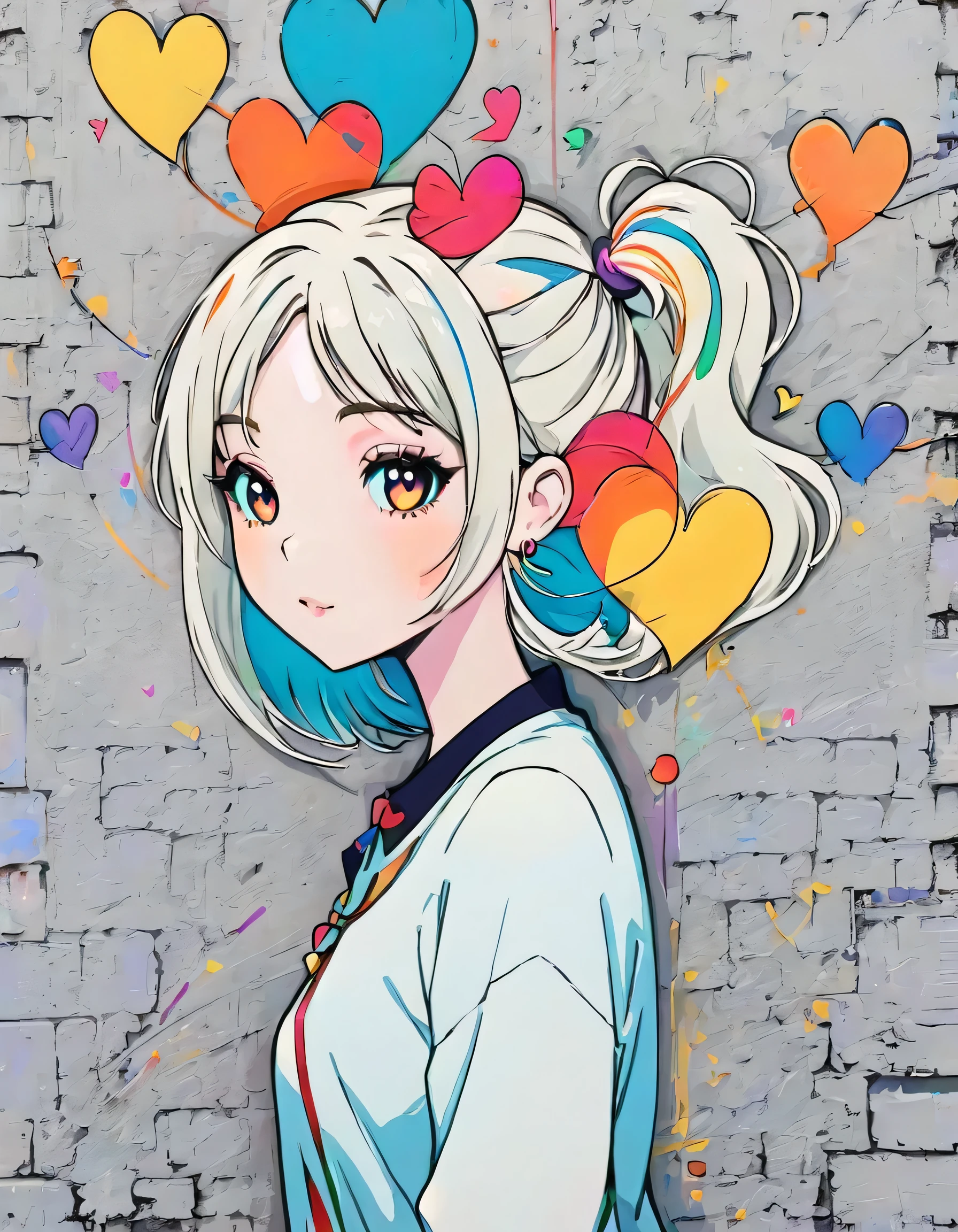 Mika Pikazo style, Simple Line Initialism，Abstract art，Urban Background, colorful hearts ,(((The most beautiful girl of all time))),