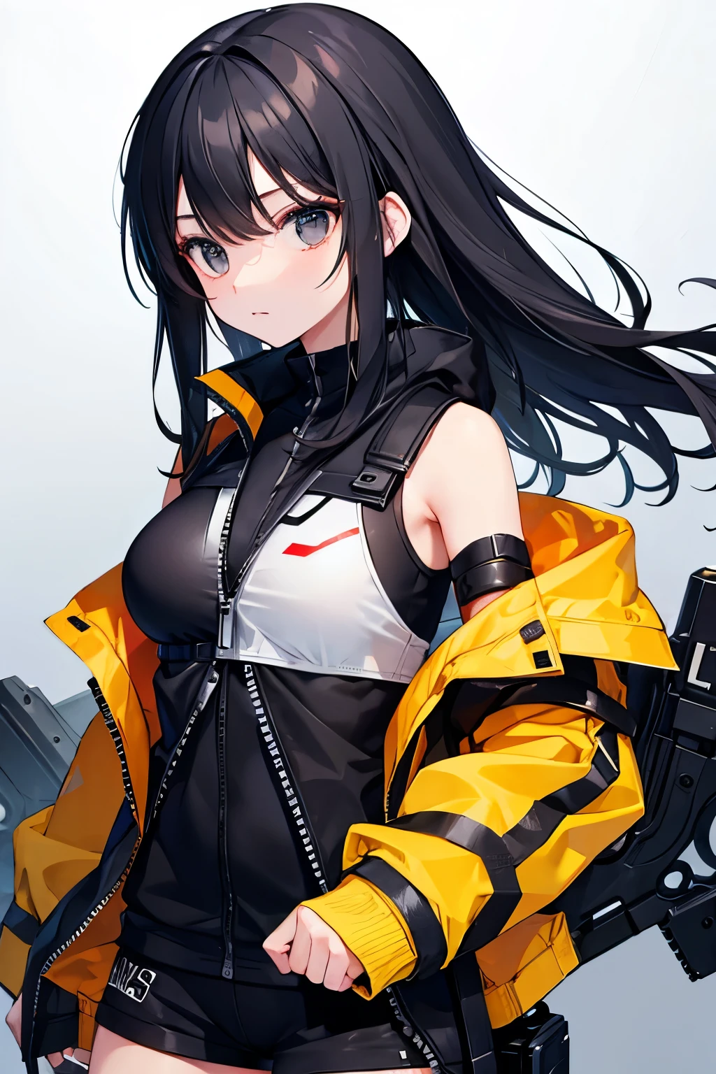 tech wear, girl, black hair, black eyes armory