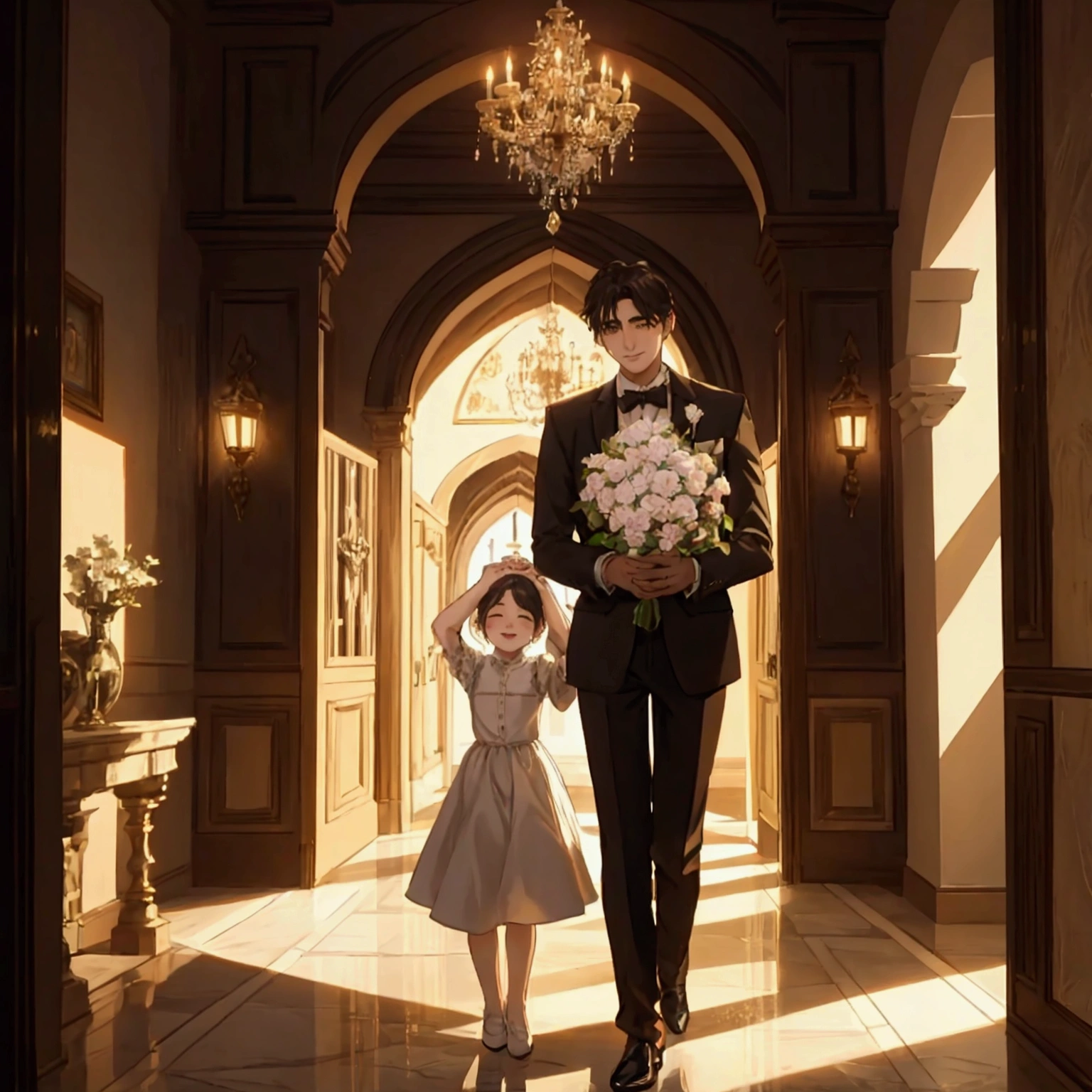 A heartwarming scene in a modern, elegant mansion in Pula, Croatia. A young father in his 30s, dressed in a business suit, has just returned home from work. He lovingly and warmly embraces his playful and innocent twin children, a boy and a girl, lifting them up in a tight hug. The children, full of joy and innocence, cling to him with bright smiles.
The setting is bathed in the golden light of a clear summer evening. Sunlight streams through large windows, illuminating the spacious living room and the view of a beautifully landscaped garden and the sparkling Adriatic Sea beyond.
The father, secretly imagined as Constantine I, conveys deep love and forgiveness to his children, who are subtly represented as Crispus and Fausta. There is a profound sense of reconciliation, healing, and renewed bonds, symbolized by subtle hints of ancient Roman elements in the home's decor. The scene exudes warmth, peace, and a sense of restored relationships.
、divine atmosphere、A paradise of greenery and flowers、heaven、Blessings and Blessings、Beautiful fece、brilliance、ultra-quality、Ultra-high resolution、ultra-definition、Super beautiful、masterpiece、