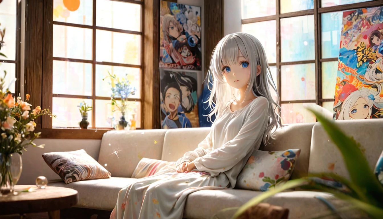 Bright sunlight pours in through the large windows、A peaceful corner of the room。A young woman with silver hair is lying on a sofa、He is looking at me with a gentle expression。Her blue eyes sparkle、The soft light reflects off her hair.。She was wearing a loose, light-colored, long-sleeved shirt.、There is a relaxed atmosphere。The background is decorated with posters and paintings.、A unique and warm space。The sunlight coming in through the window warms the whole room.、It creates a quiet and peaceful scene.。
