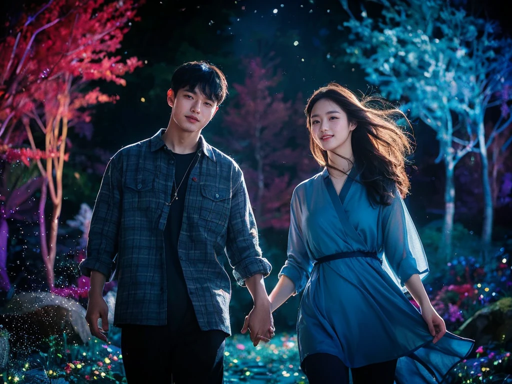 A captivating cinematic portrait photograph that captures the essence of a young Korean couple in a magical, dark fantasy setting. The man is dressed in a trendy flannel shirt, while the woman dons a breathtaking flowing tunic. They stand hand-in-hand, their eyes locked in a loving gaze, as they share a radiant smile for the camera. As the wind playfully tousles their hair, the colorful forest around them comes alive with starlight and glitter, creating an enchanting atmosphere that flawlessly combines fashion and fantasy. The low-angle shot adds a dramatic touch, making this a truly mesmerizing image., photo, cinematic, dark fantasy, portrait photography, fashion

