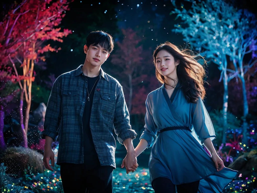 A captivating cinematic portrait photograph that captures the essence of a young Korean couple in a magical, dark fantasy setting. The man is dressed in a trendy flannel shirt, while the woman dons a breathtaking flowing tunic. They stand hand-in-hand, their eyes locked in a loving gaze, as they share a radiant smile for the camera. As the wind playfully tousles their hair, the colorful forest around them comes alive with starlight and glitter, creating an enchanting atmosphere that flawlessly combines fashion and fantasy. The low-angle shot adds a dramatic touch, making this a truly mesmerizing image., photo, cinematic, dark fantasy, portrait photography, fashion