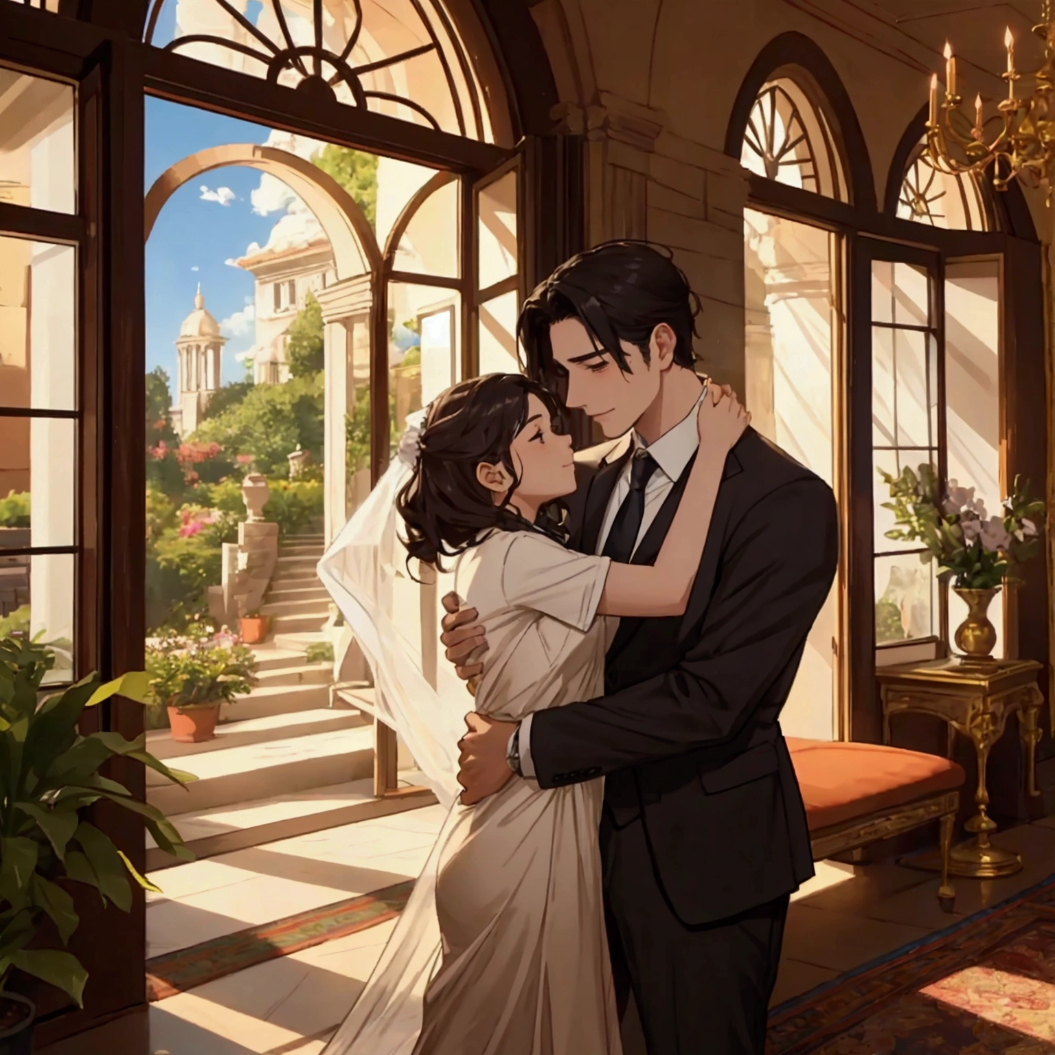 A heartwarming scene in a modern, elegant mansion in Pula, Croatia. A young father in his 30s, dressed in a business suit, has just returned home from work. He lovingly and warmly embraces his playful and innocent twin children, a boy and a girl, lifting them up in a tight hug. The children, full of joy and innocence, cling to him with bright smiles. 

The setting is bathed in the golden light of a clear summer evening. Sunlight streams through large windows, illuminating the spacious living room and the view of a beautifully landscaped garden and the sparkling Adriatic Sea beyond. 

The father, secretly imagined as Constantine I, conveys deep love and forgiveness to his children, who are subtly represented as Crispus and Fausta. There is a profound sense of reconciliation, healing, and renewed bonds, symbolized by subtle hints of ancient Roman elements in the home's decor. The scene exudes warmth, peace, and a sense of restored relationships.
、divine atmosphere、A paradise of greenery and flowers、heaven、Blessings and Blessings、Beautiful fece、brilliance、ultra-quality、Ultra-high resolution、ultra-definition、Super beautiful、​masterpiece、
