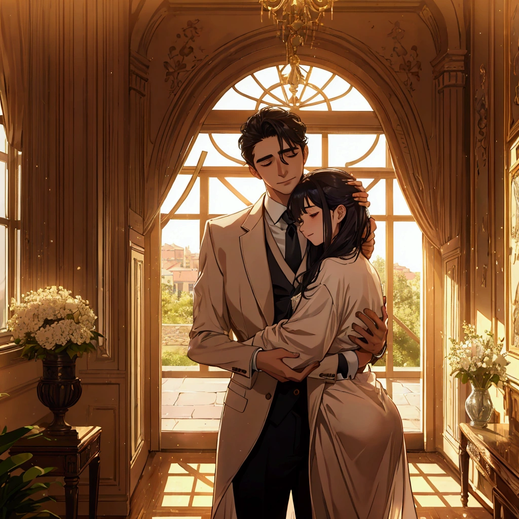 A heartwarming scene in a modern, elegant mansion in Pula, Croatia. A young father in his 30s, dressed in a business suit, has just returned home from work. He lovingly and warmly embraces his playful and innocent twin children, a boy and a girl, lifting them up in a tight hug. The children, full of joy and innocence, cling to him with bright smiles. 

The setting is bathed in the golden light of a clear summer evening. Sunlight streams through large windows, illuminating the spacious living room and the view of a beautifully landscaped garden and the sparkling Adriatic Sea beyond. 

The father, secretly imagined as Constantine I, conveys deep love and forgiveness to his children, who are subtly represented as Crispus and Fausta. There is a profound sense of reconciliation, healing, and renewed bonds, symbolized by subtle hints of ancient Roman elements in the home's decor. The scene exudes warmth, peace, and a sense of restored relationships.
、divine atmosphere、A paradise of greenery and flowers、heaven、Blessings and Blessings、Beautiful fece、brilliance、ultra-quality、Ultra-high resolution、ultra-definition、Super beautiful、​masterpiece、
