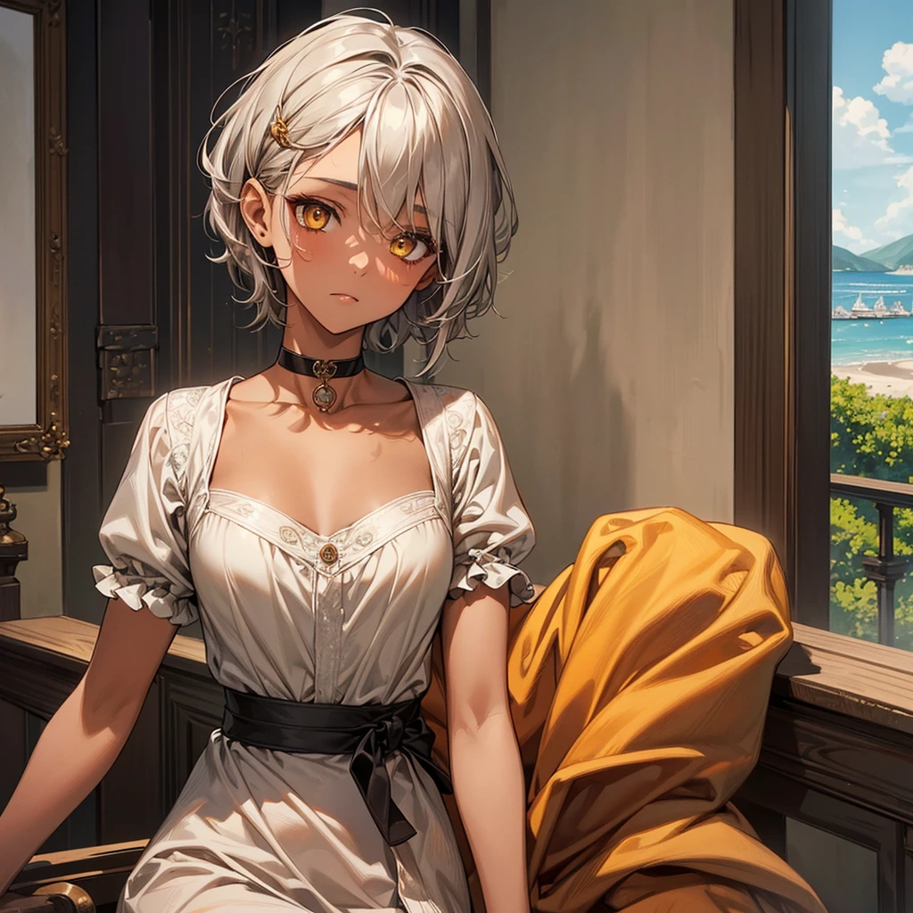 masterpiece, Highest quality, Perfect Face, Highest Resolution, Highest quality,Detailed depiction of the eyes, 8k, 1 girl, young, dark tan skin, slate gray hair, short hair, upturned eyes, Yellow Orange eyes, Perfect Anatomy, ribbon choker, House with sea view, Relax