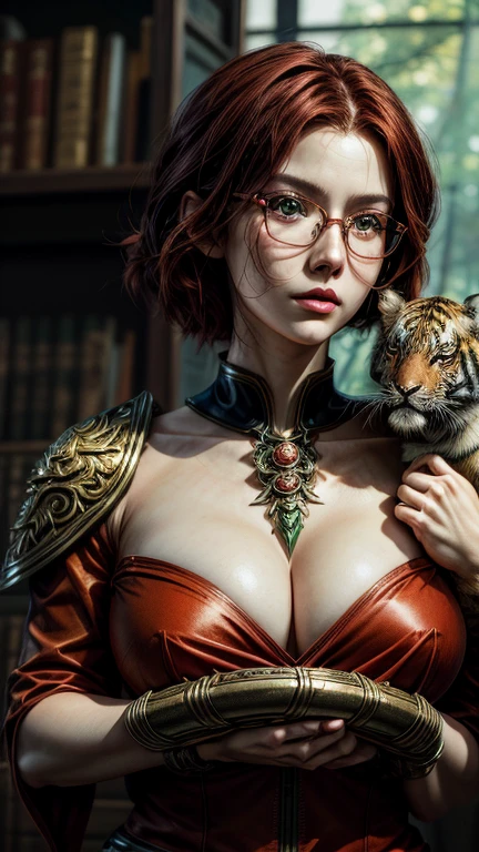 Short, Red hair, green eyes, young, cute woman wearing metal frame glasses, with size 2 breasts, in a red dress with a tiger cub in her arms, ruan jia and artgerm, Artgerm and Ruan Jia, inspired by Lan Ying, inspired by Pu Hua, extremely detailed art embryo, artgerm and Rossris, fantasy art style, In the style of Artgerm, Artgerm in detail, :: Rossris